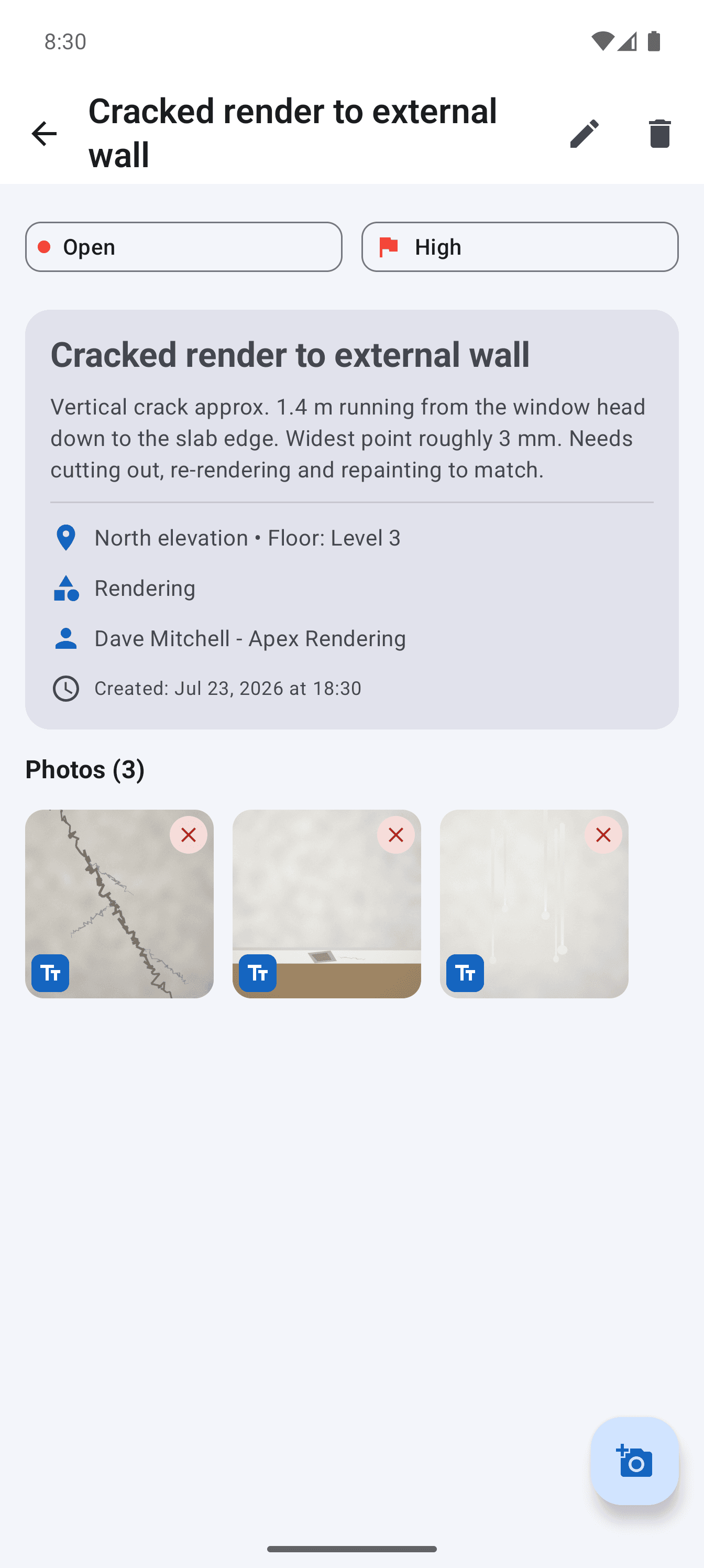 The same defect open in the app, with three photographs attached to it.
