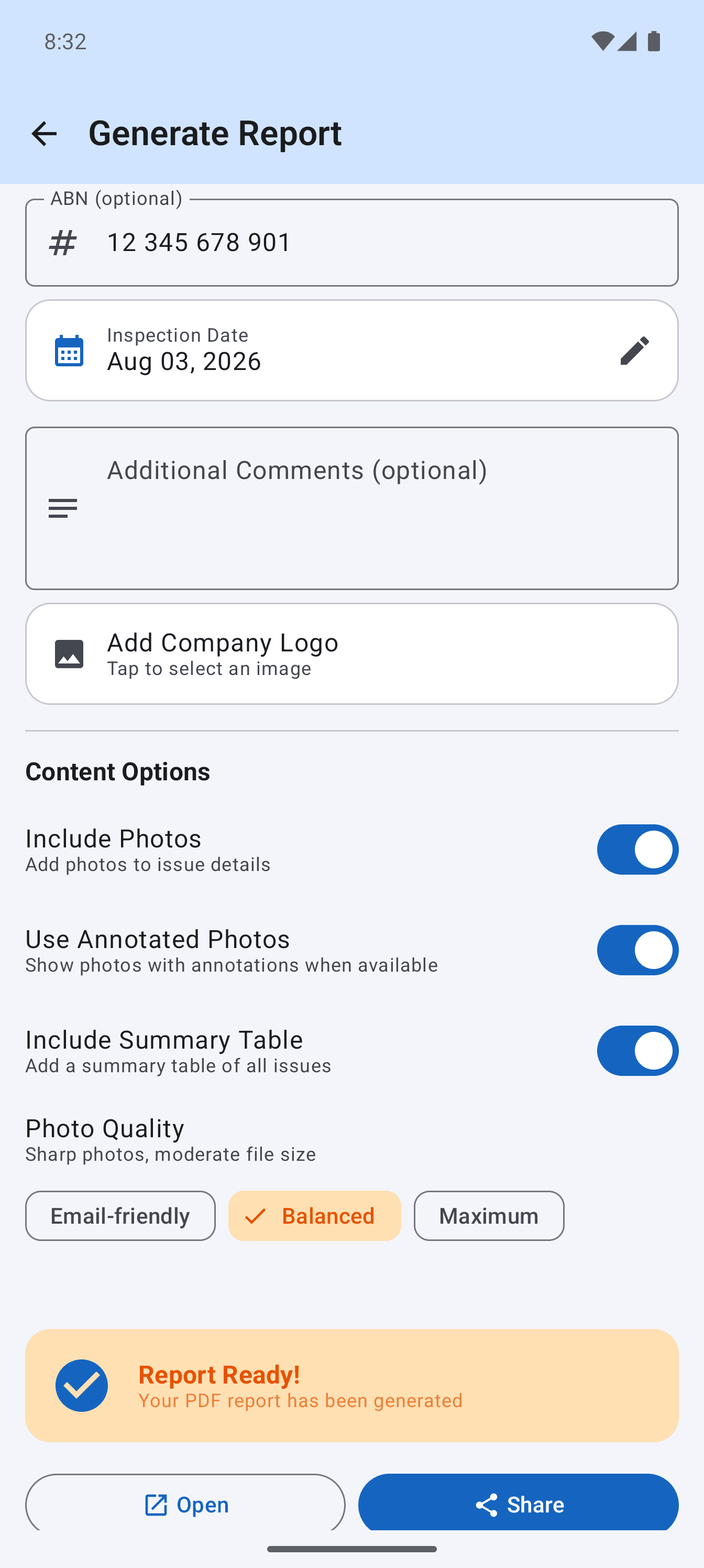 The generate report screen in the app confirming the PDF report is ready, with buttons to open or share it.