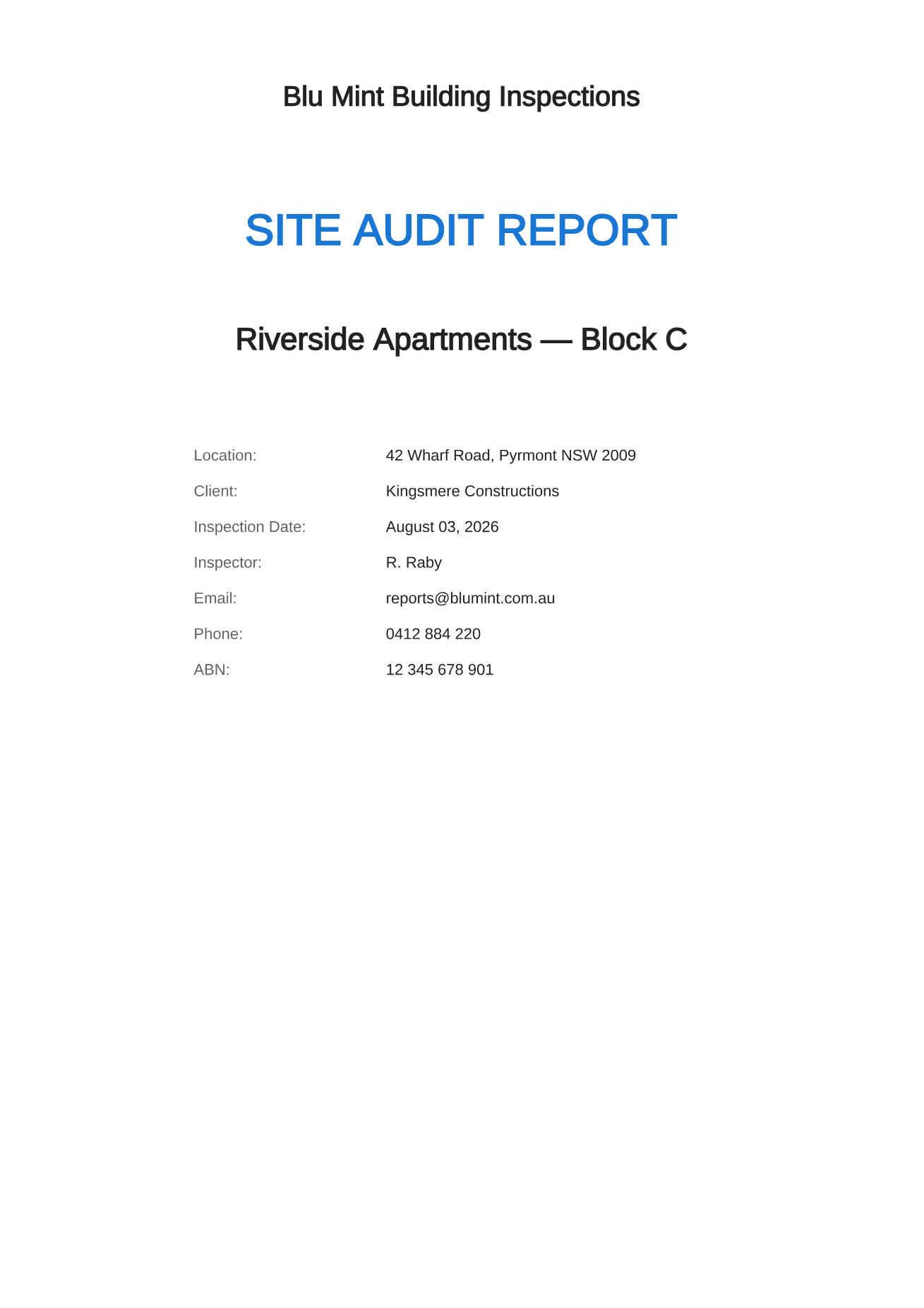 Cover page of a generated site audit report showing the inspecting company name, the project, the client, the inspection date and the inspector's contact details.