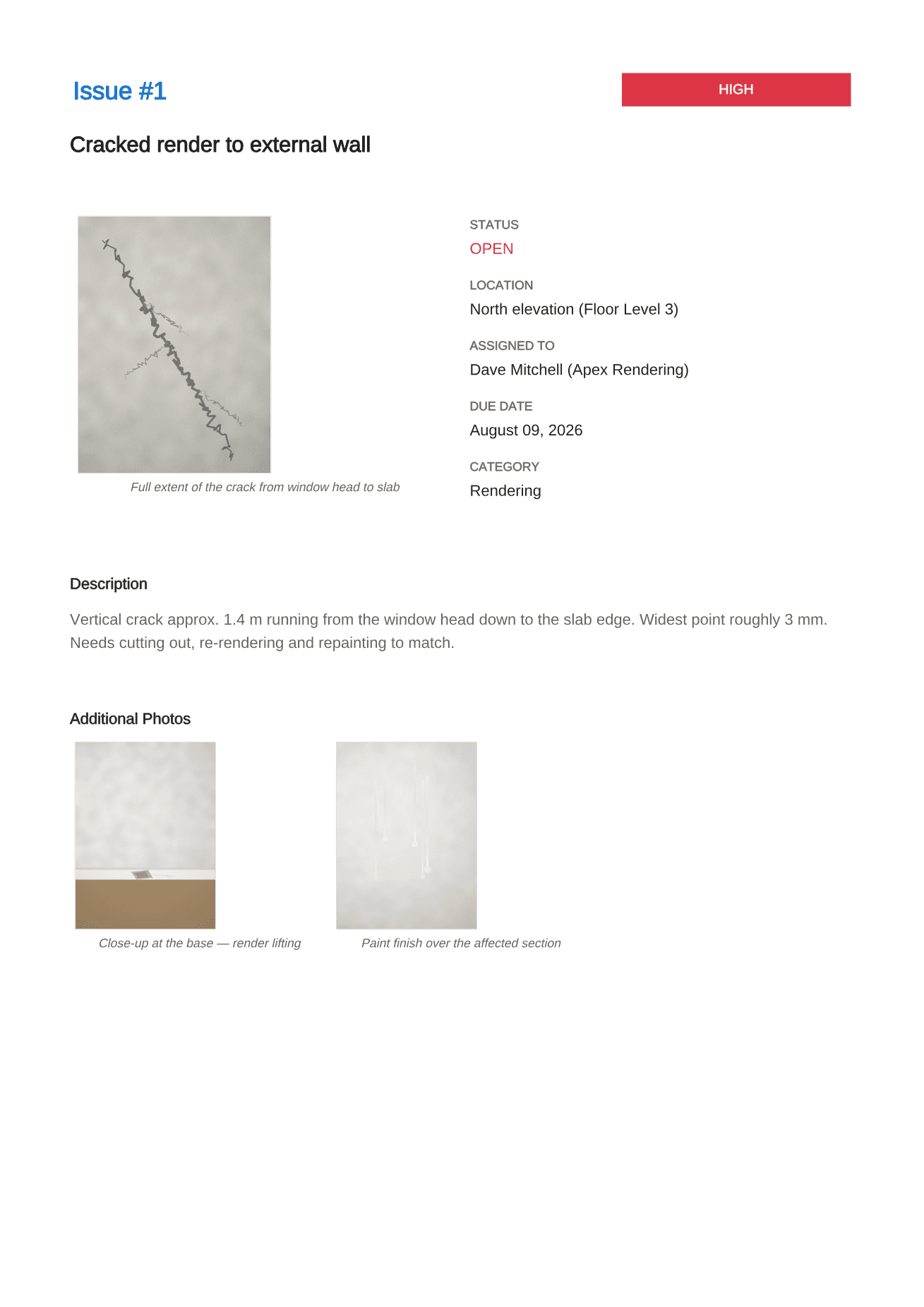 A page from a generated PDF defect report: one cracked render defect with its photograph, status, location, assigned trade and due date.
