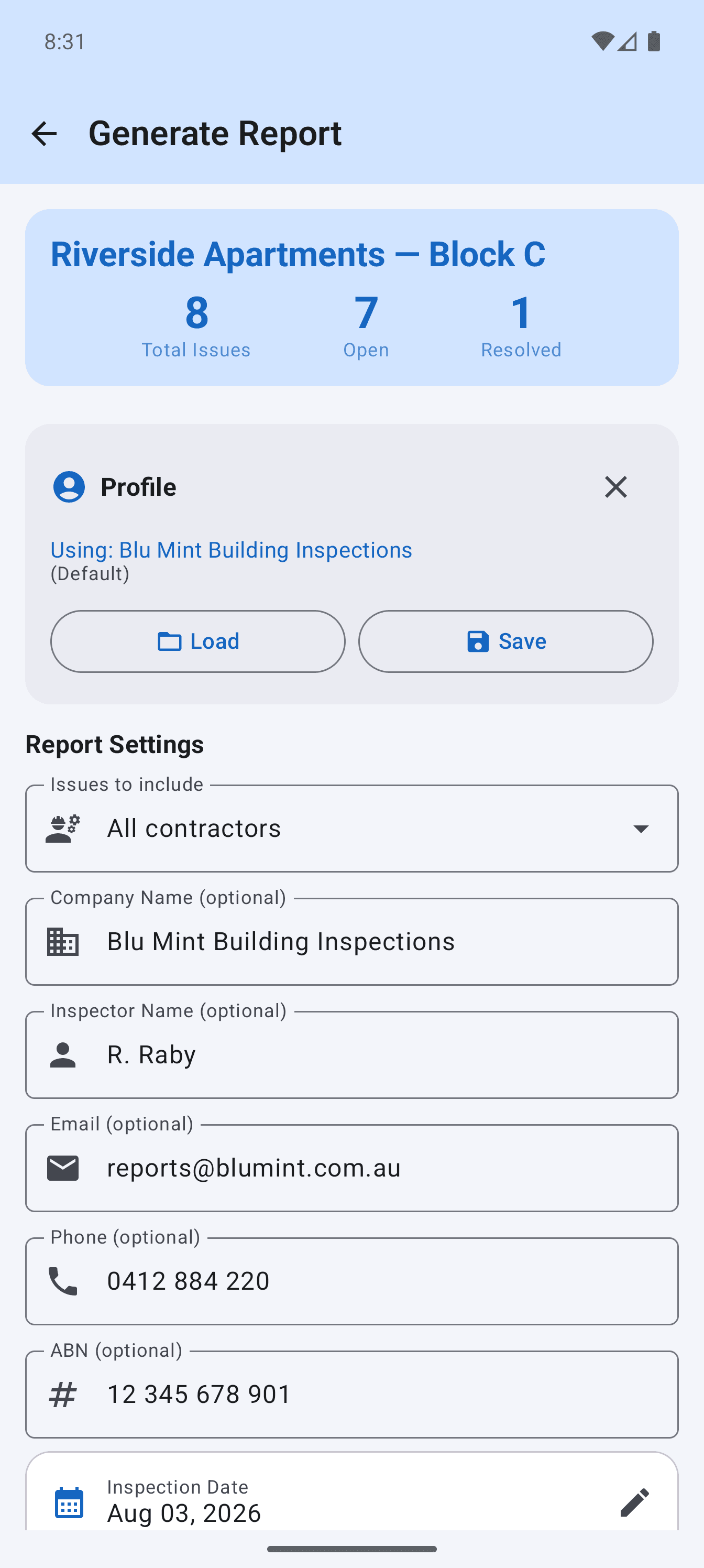 The report setup screen in the app, with fields for company name, inspector name, email, phone and ABN.